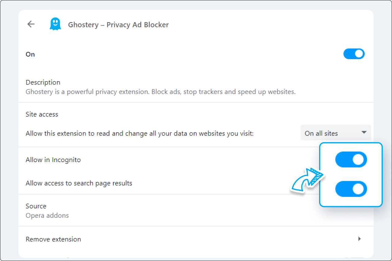 Opera Browser settings - screen displays where to allow Ghostery access to search page results