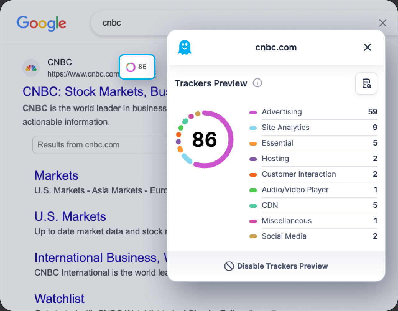 Image shows Ghostery Tracker Wheel, which appears as an icon in Google search results.