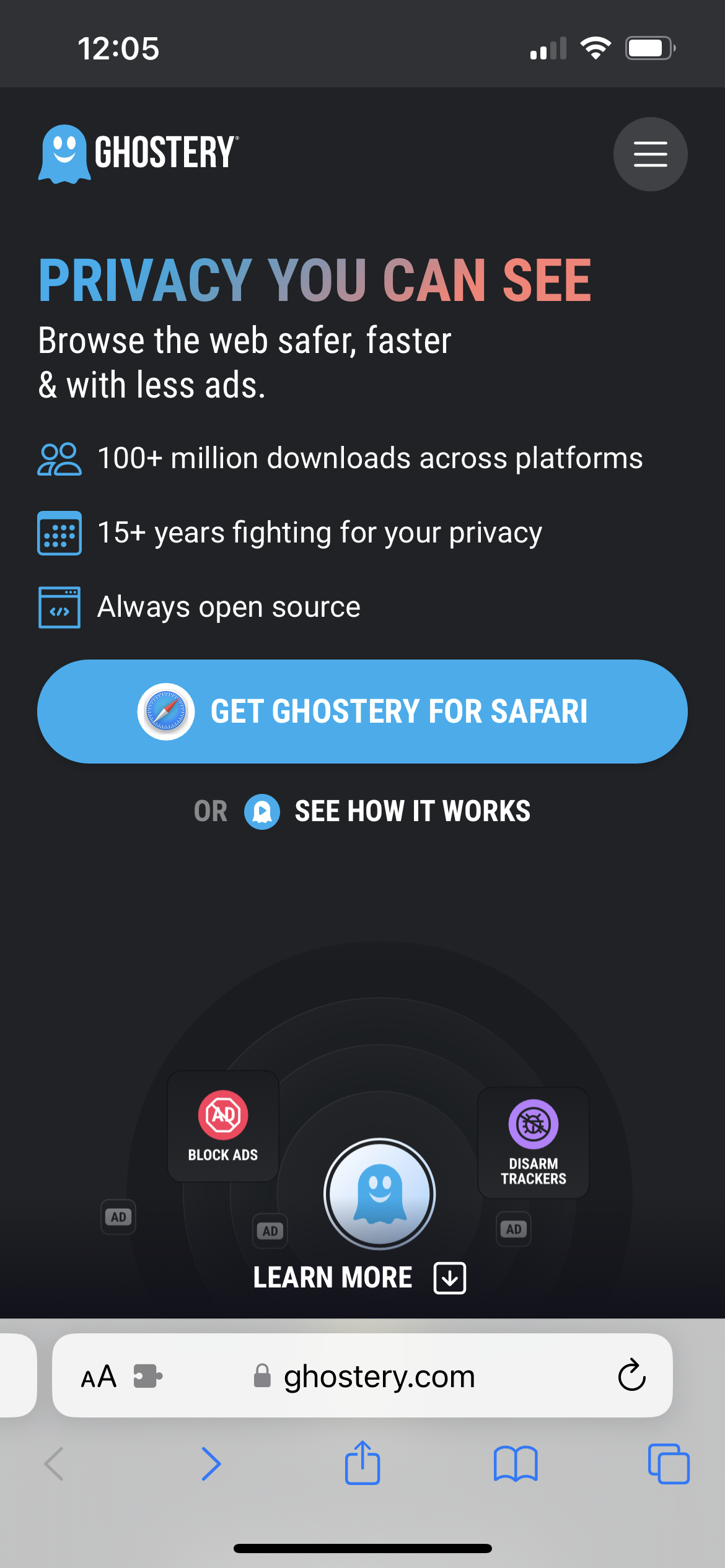 Open Ghostery.com in Safari browser on iPhone 13 Pro displaying download button for Adblocker